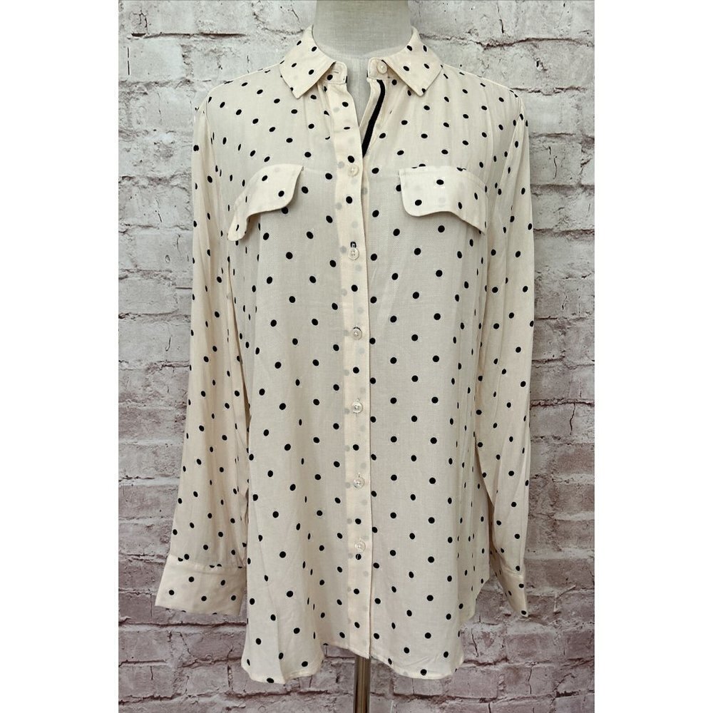 Chico's 1 Womens Button Up Shirt Long Sleeve Easy Shirt Cream Black Polka Dot